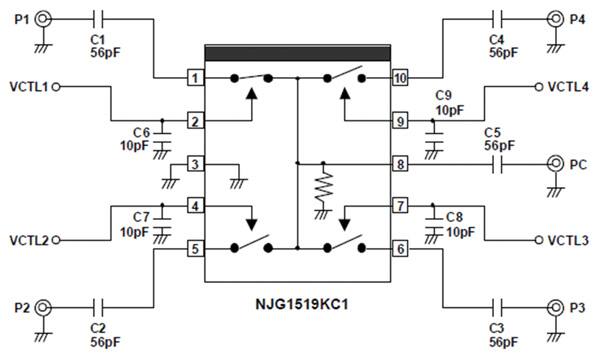 Image of A simplified application circuit showing an SP4T switch from NJR
