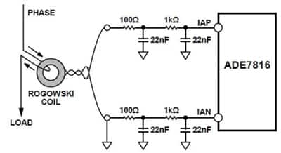 Rogowski coil using the Analog Devices ADE7816