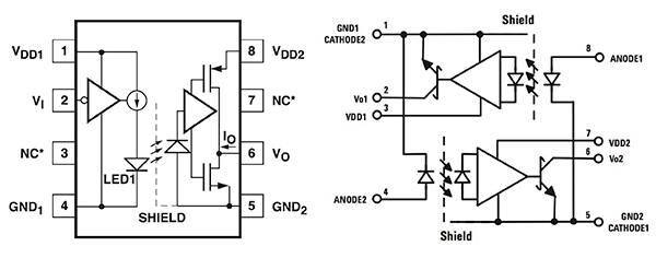 Diagrams of Avago Tehnologies LED-photodetector circuits
