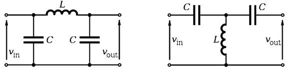 Image of low-pass Pi filters (left) and high-pass T filters (right)