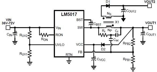 Diagram of Fly-buck DC/DC converter based on Texas Instruments LM5017 100 V synchronous buck regulator