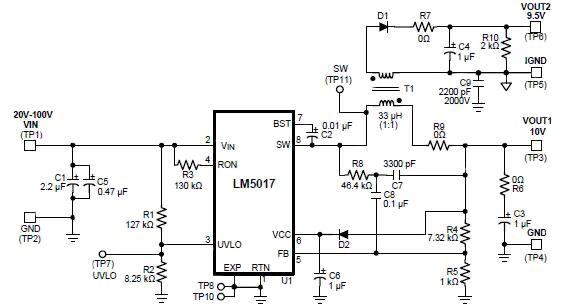 Diagram of Texas Instruments LM5017-based isolated Fly-buck DC/DC converter