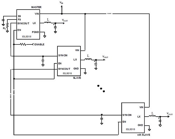 Diagram of Intersil ISL8018 regulator master/slave configuration
