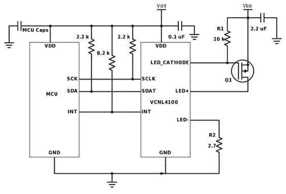 Diagram of typical application circuit for Vishay VCNL4100