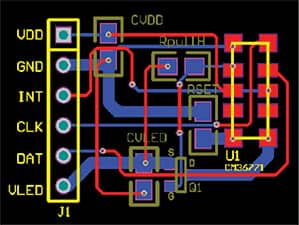 Diagram of suggested layout for Vishay VCNL4100 block using two board layers