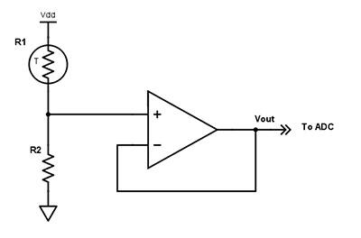 Diagram of voltage-mode bias circuit to linearize a thermistor output