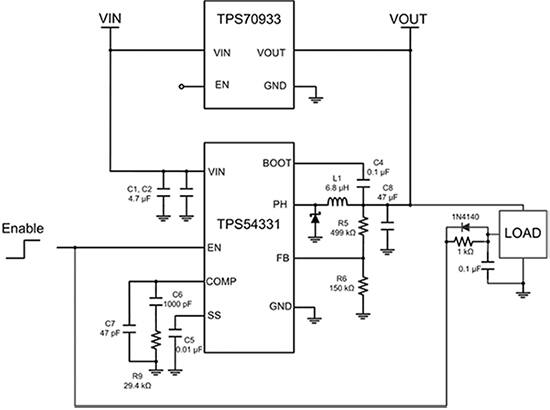 Diagram of Texas Instruments TPS709 in parallel with TPS54331