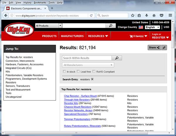 Image of Digi-Key's search results for “resistors”