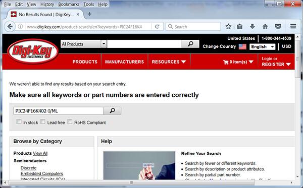 Image of Digi-Key's parts search result with incorrect part number