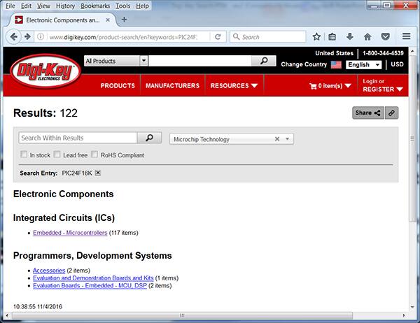 Image of Digi-Key's parts search results for “PIC24F16K”