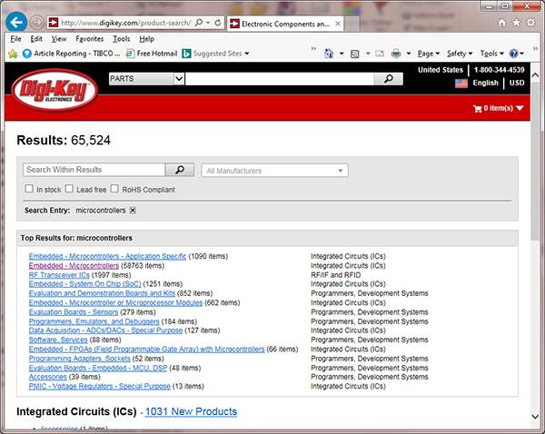 Image of Digi-Key's search results for “microcontrollers”