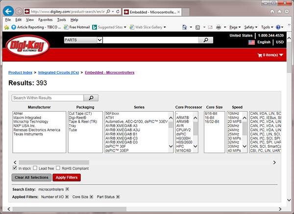 Image of Digi-Key's search results with filters applied