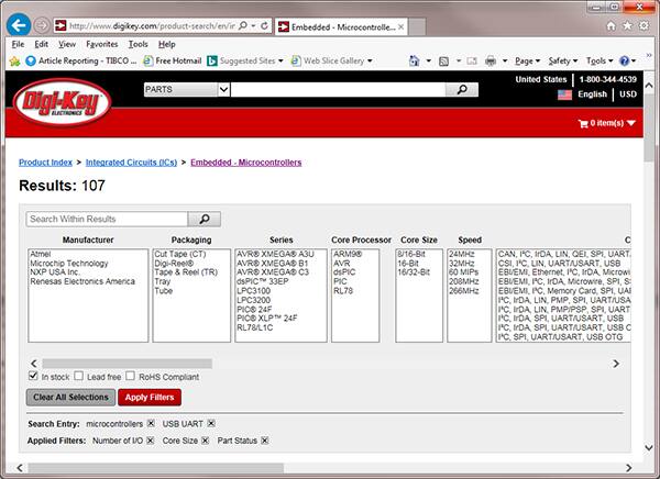 Image of Digi-Key's “Search Within Results” for “USB UART” search string