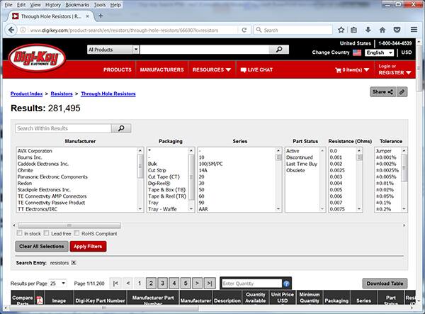 Image of Digi-Key's “Through Hole Resistors” parameter filters