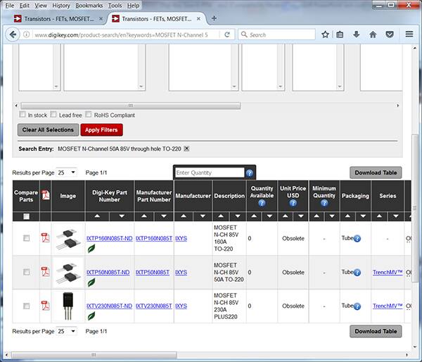 Image of Digi-Key's search results for “MOSFET N-Channel 50A 85V Through Hole TO-220”