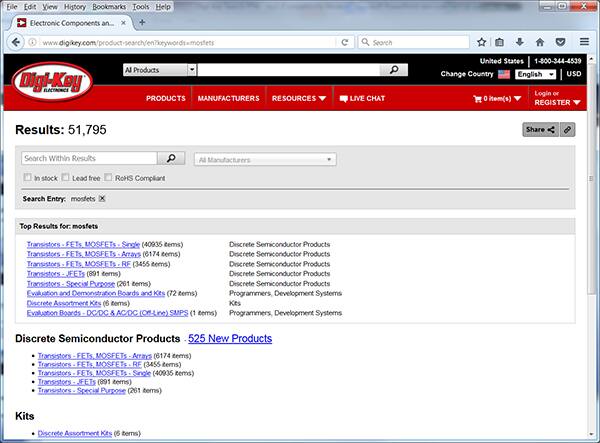Image of Digi-Key's search results for “MOSFETs”