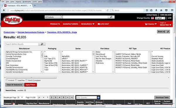 Image of Digi-Key's “MOSFETs” in the “Transistors – FETs MOSFETs – Single” family