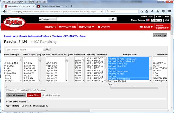 Image of Digi-Key's “TO-220” options available for “Package / Case”