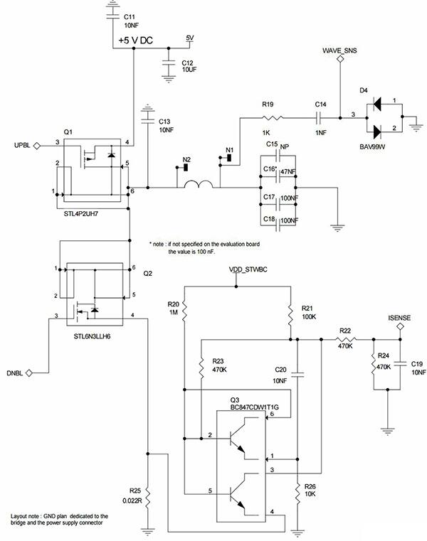 Diagram of half-bridge topology for the STMicroelectronics STWBC-WA transmitter (click for full-size)