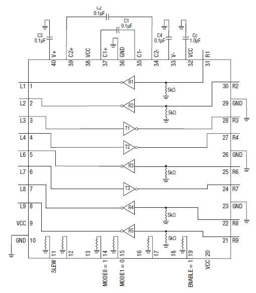 Diagram of Exar XR34350 RS-232/485/422 serial transceiver