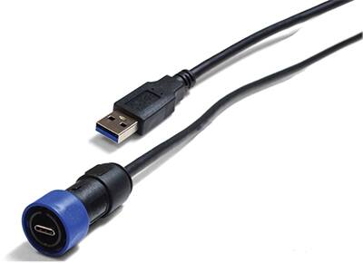 Bulgin 的 PXP4040/C/A/2M00 一端为 USB-A 插头，另一端为 USB-C 插头的示意图
