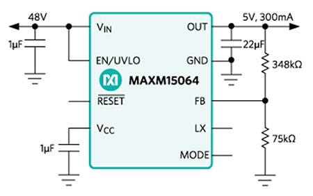 Maxim MAXM15064 只需三个电容器的示意图