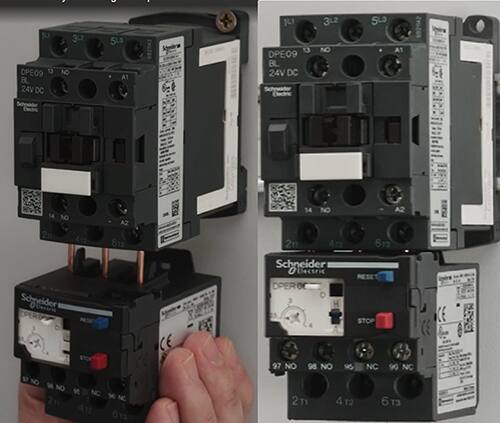 过载保护继电器直接安装在 DPE 接触器下面的图片