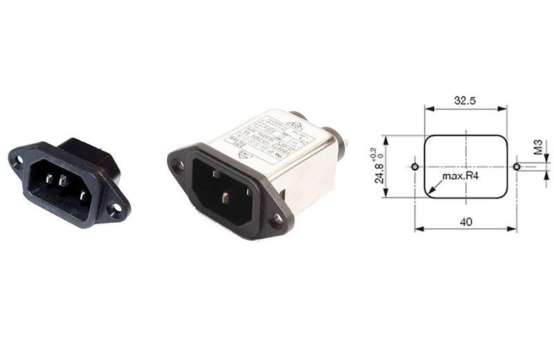 Image of IEC connector, IEC connector with mains filter and standard mounting hole (Image source: RECOM)