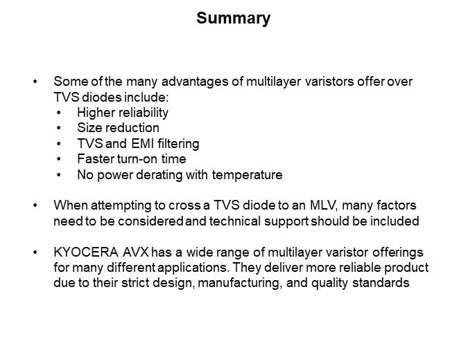 Image of KYOCERA/AVX Advantages of Multilayer Varistor Versus TVS Diodes - Summary