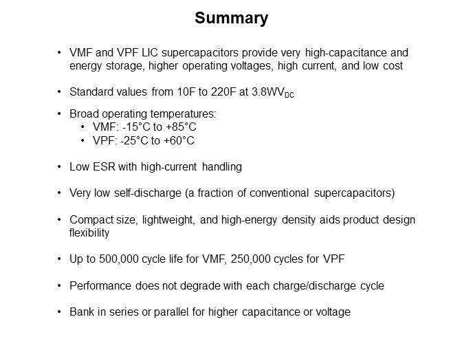 Image of Cornell Dubilier VMF/VPF Series Hybrid LIC Supercapacitors - Summary