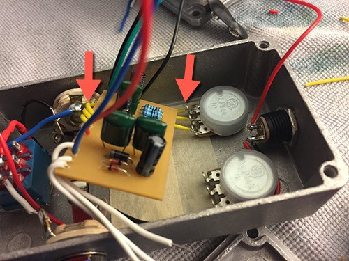 soldering the B50K (gain) potentiometer to the board