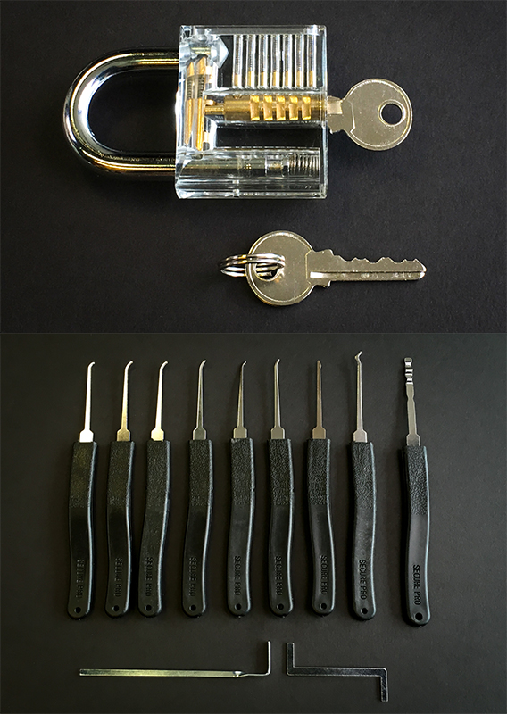 Practice lock and a set of pin tumbler lock picks