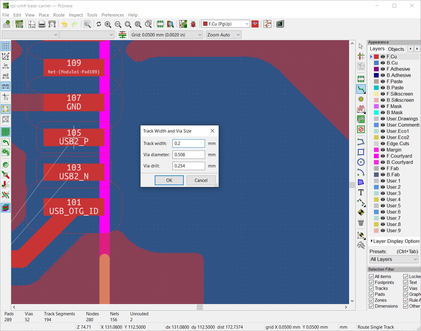 KiCad modify custom track width