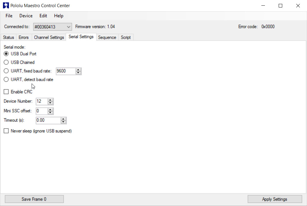 Configure Maestro servo controller