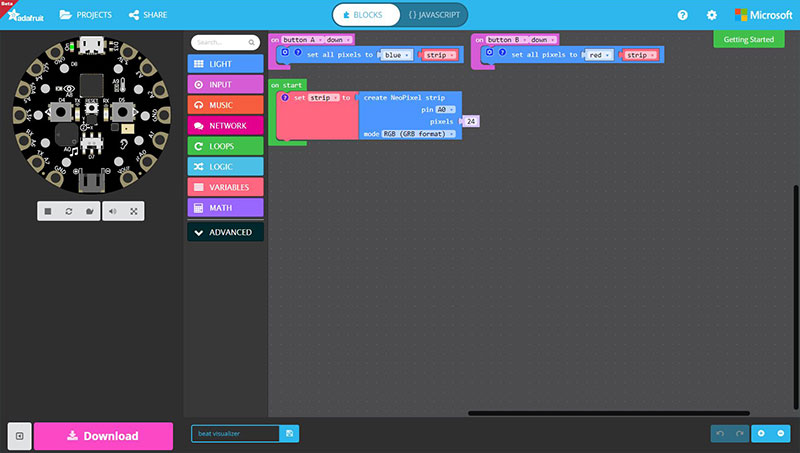 The example mounts a NeoPixel strip