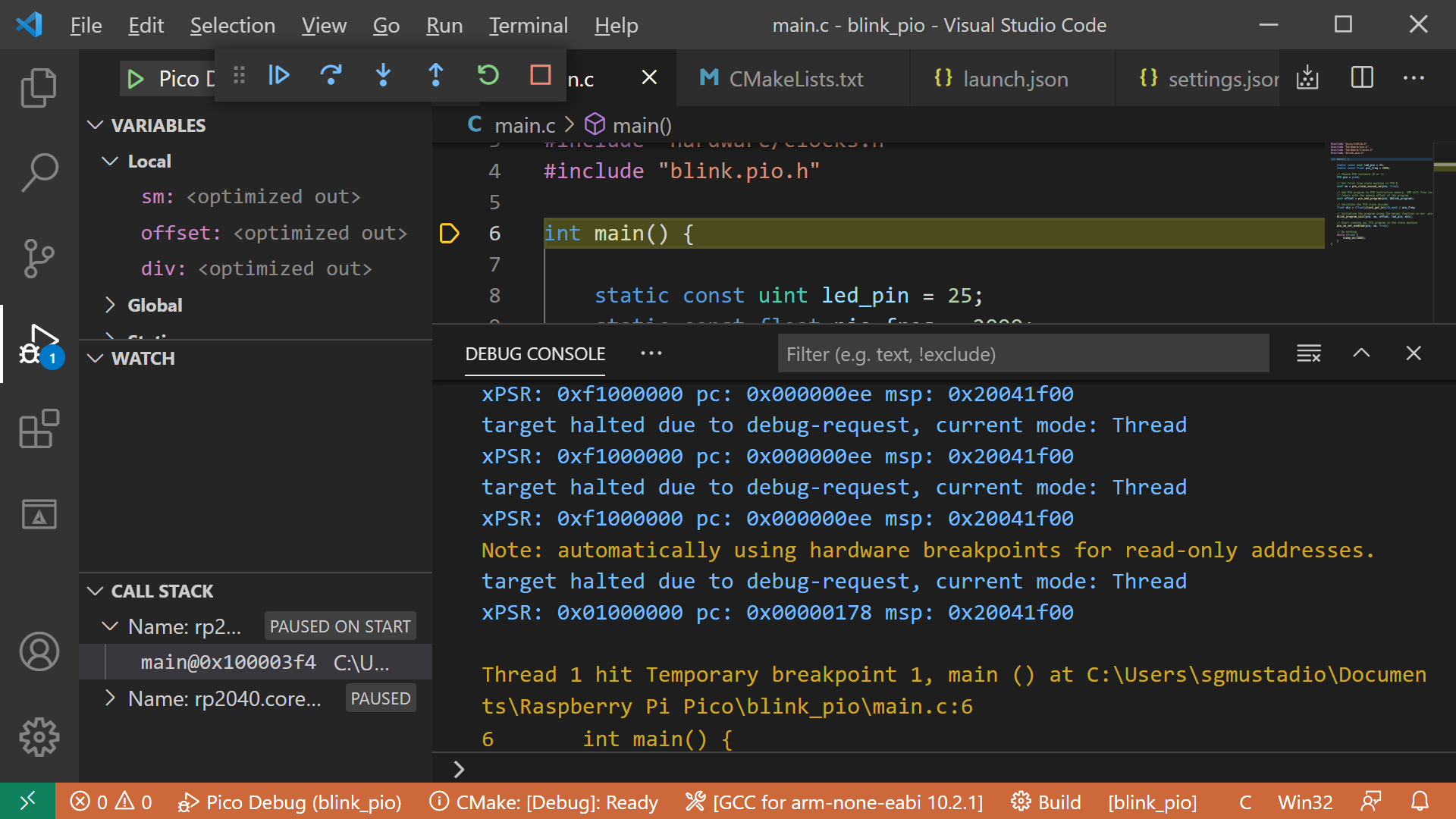 Debugging a Raspberry Pi Pico program