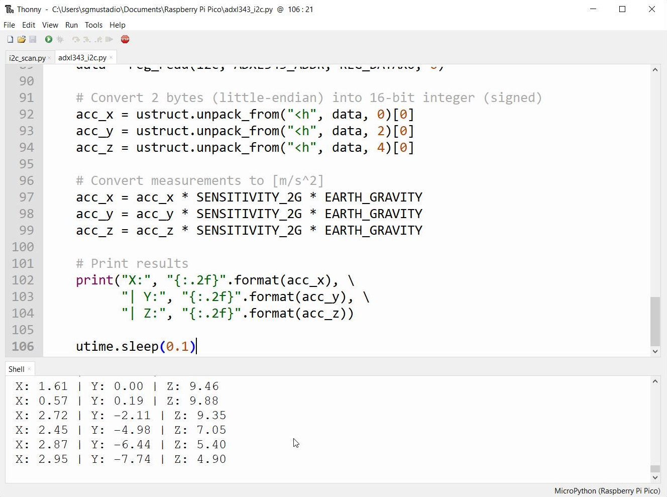 Reading accelerometer values with MicroPython