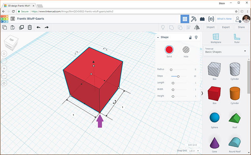 dimensions of the box appear on the workplane 