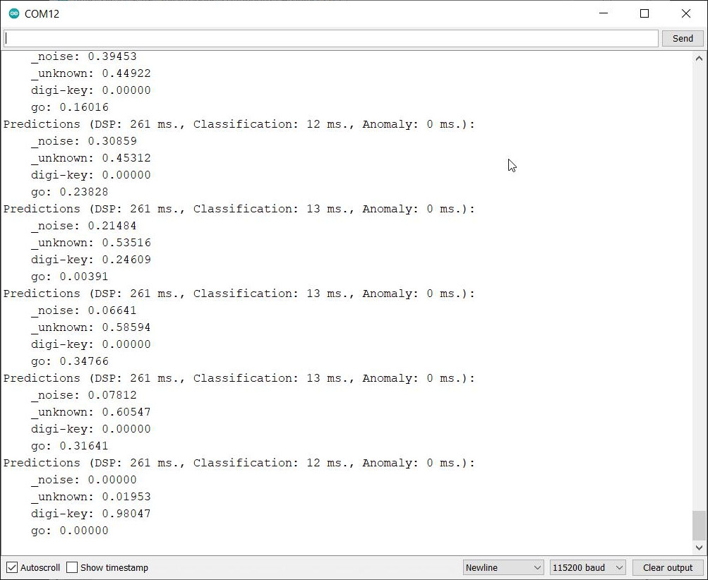 Arduino serial terminal showing inference results