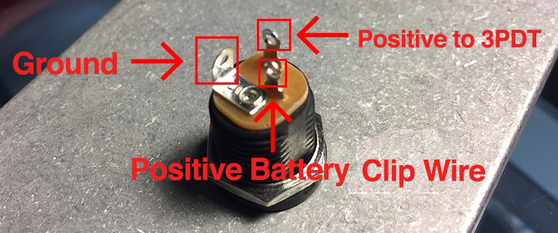 Soldering +wire from battery clip into DC power jack