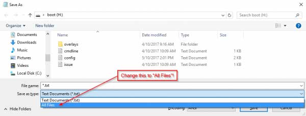 Change save as type to ALL FILES
