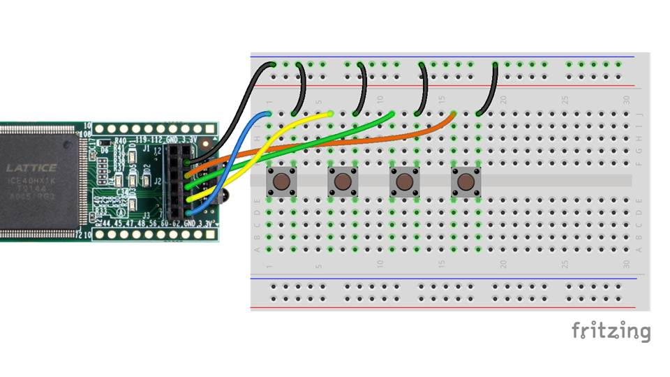 iCEstick connections to buttons Fritzing diagram