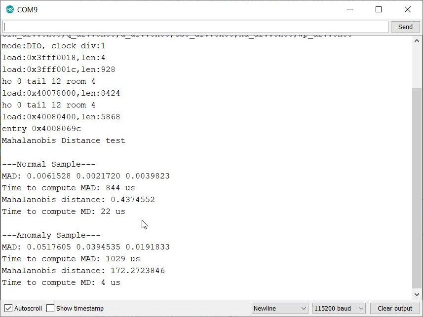 Output of Mahalanobis Distance example in Arduino