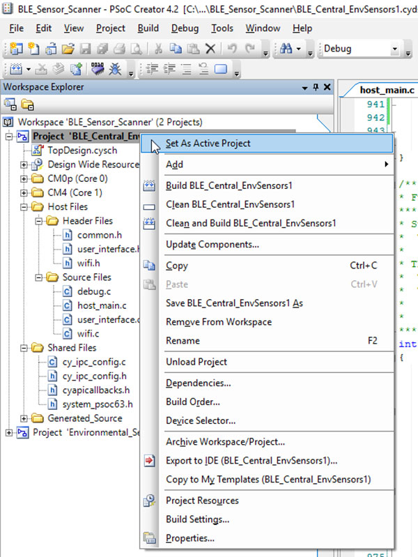 right click on “Project ‘BLE_Central_EnvSensors1’”