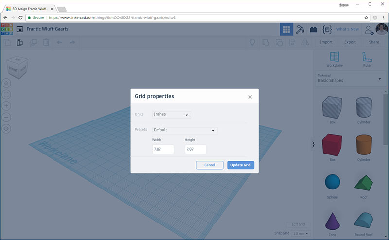 click Edit Grid in bottom right of Tinkercad window