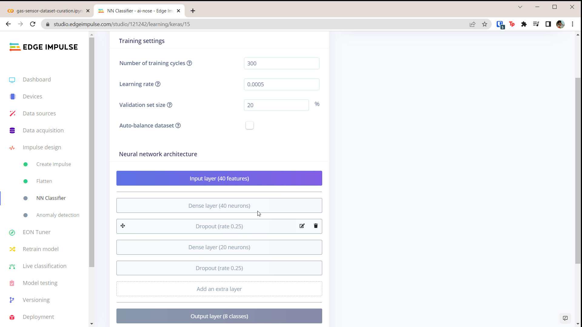 Configure neural network in Edge Impulse