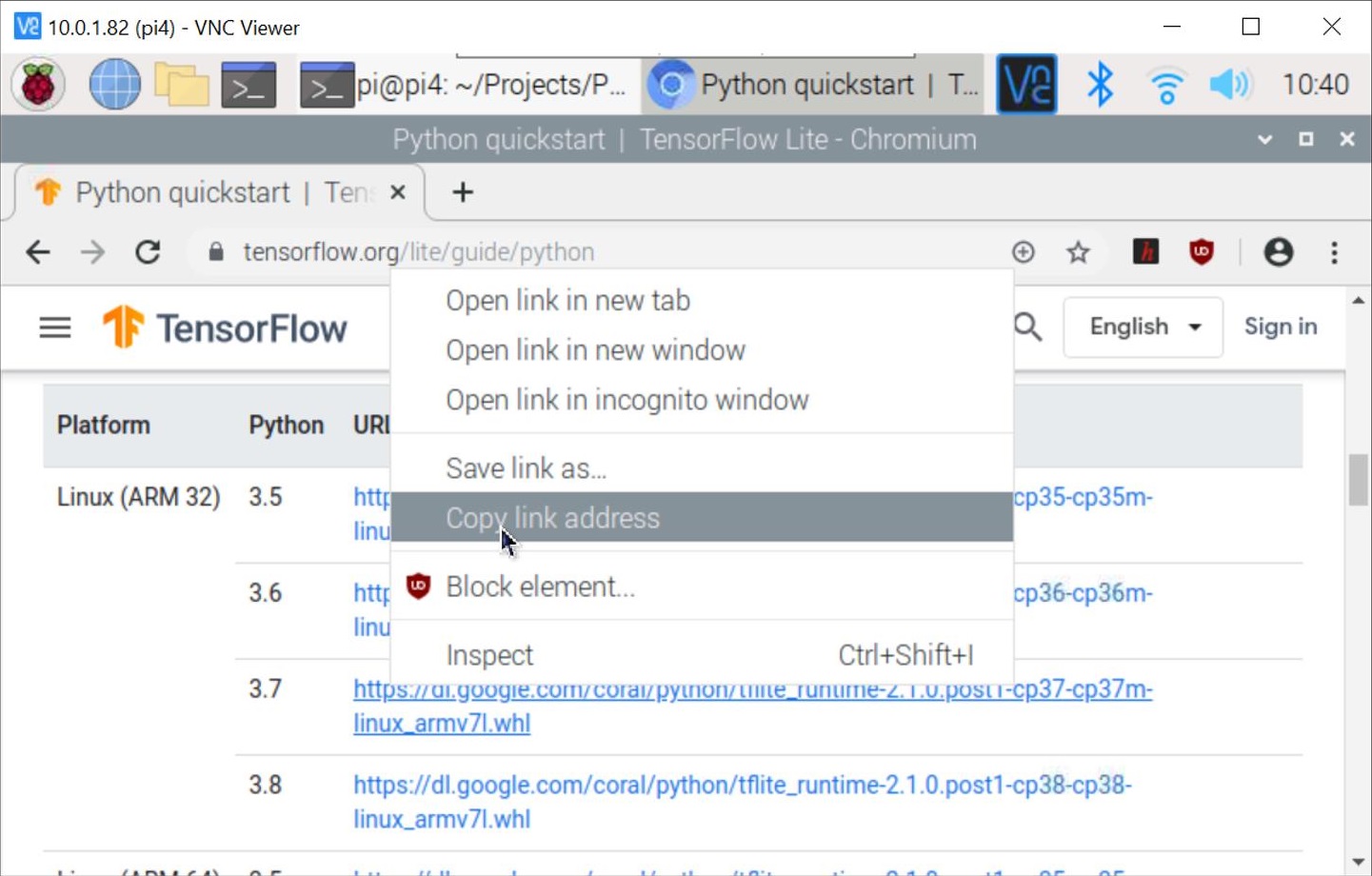 Copying TensorFlow Lite whl file link