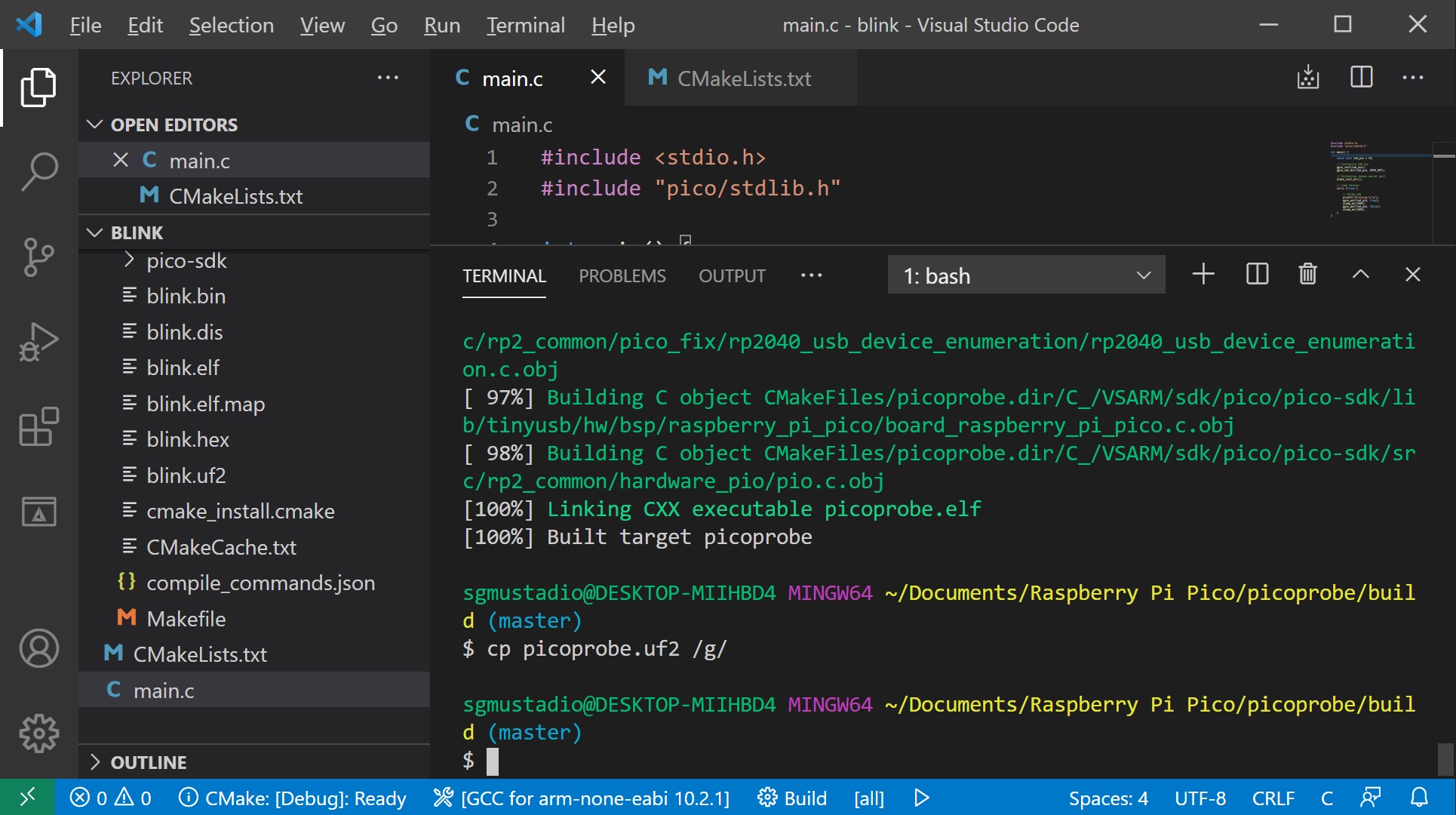 Upload picoprobe to Raspberry Pi Pico