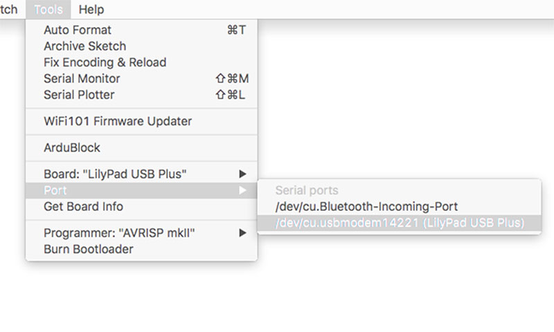 Go to Tools > Port menu, select “LilyPad USB Plus”