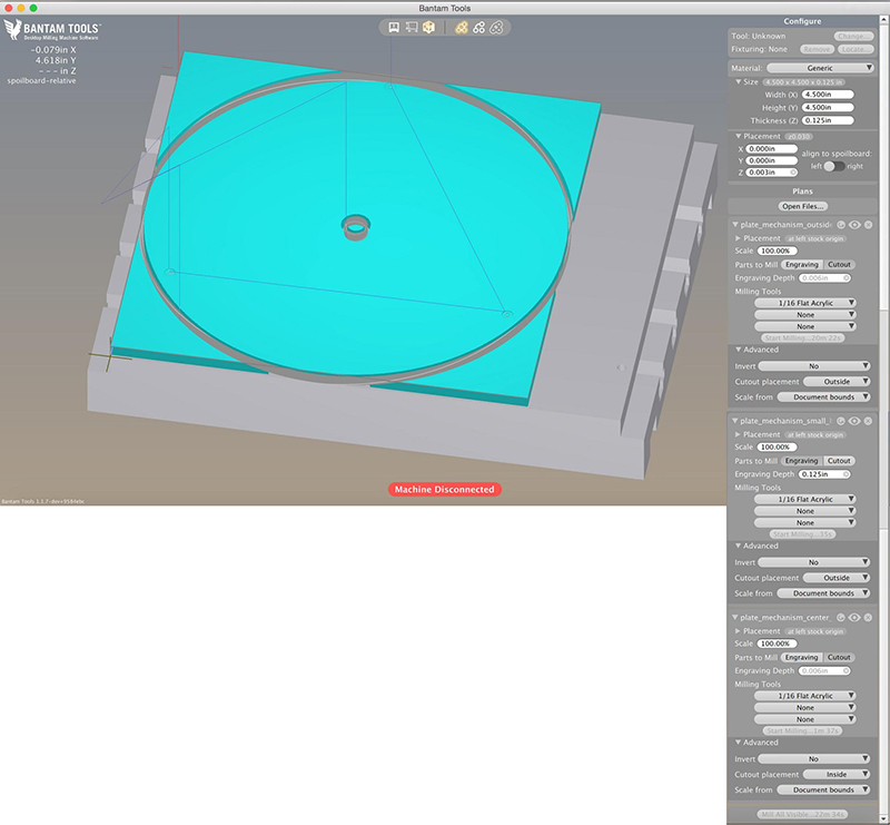 All of the settings to mill the mechanism plate